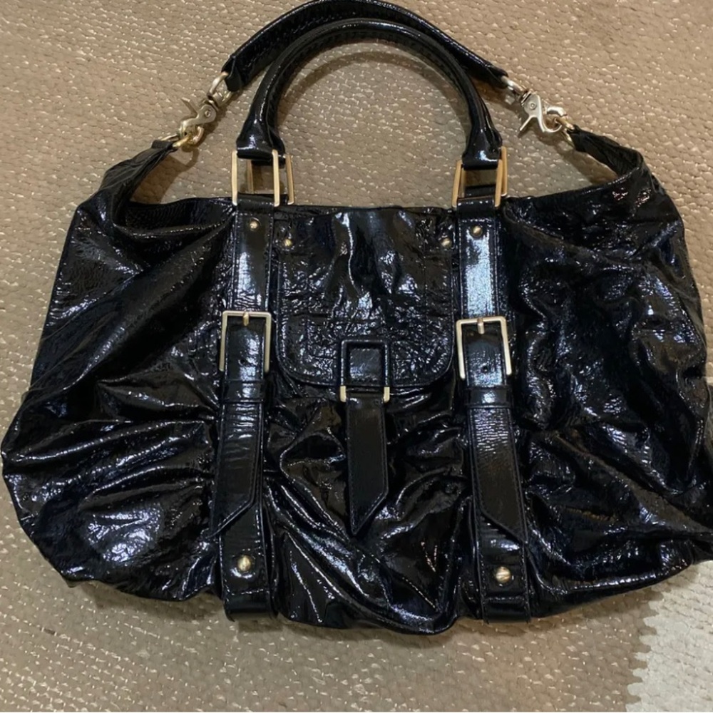 Botkier Black Patent Leather Sasha Duffle Handbag Golden Hardware EUC Medium